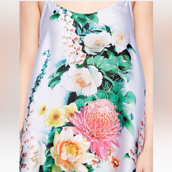 Baby Blue Tropical Print Satin Cami Dress - Picture 4 of 8